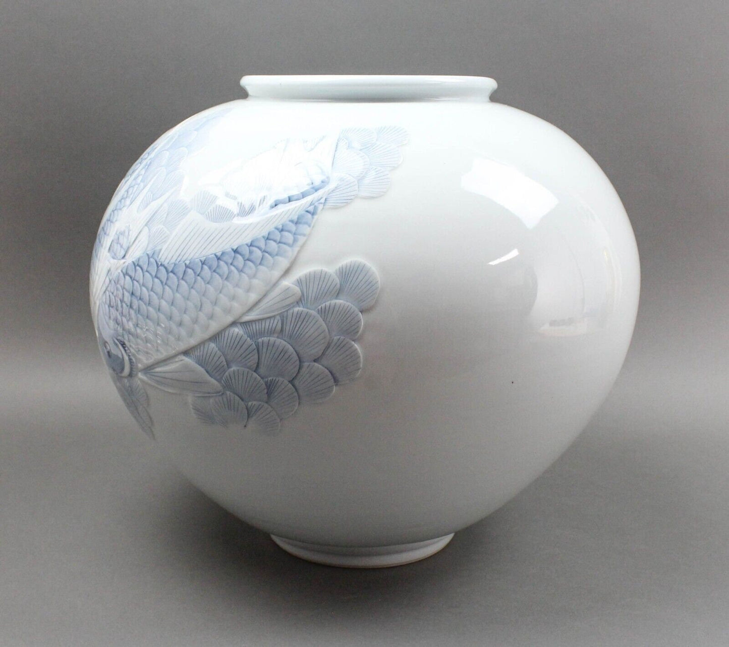 Huge Vintage Chinese Asian Koi Fish Celadon Porcelain Pottery Vase Moon Jar