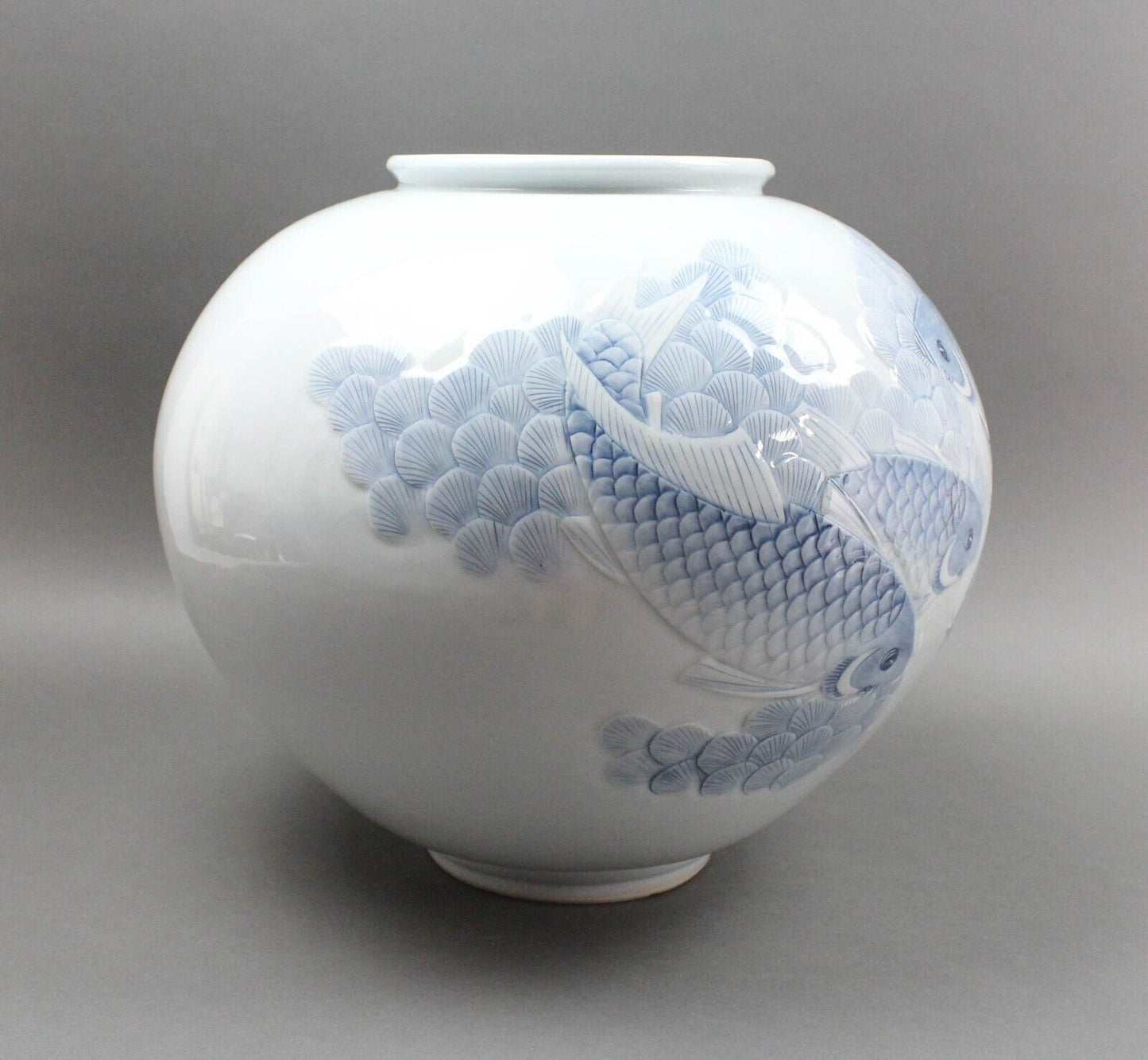 Huge Vintage Chinese Asian Koi Fish Celadon Porcelain Pottery Vase Moon Jar