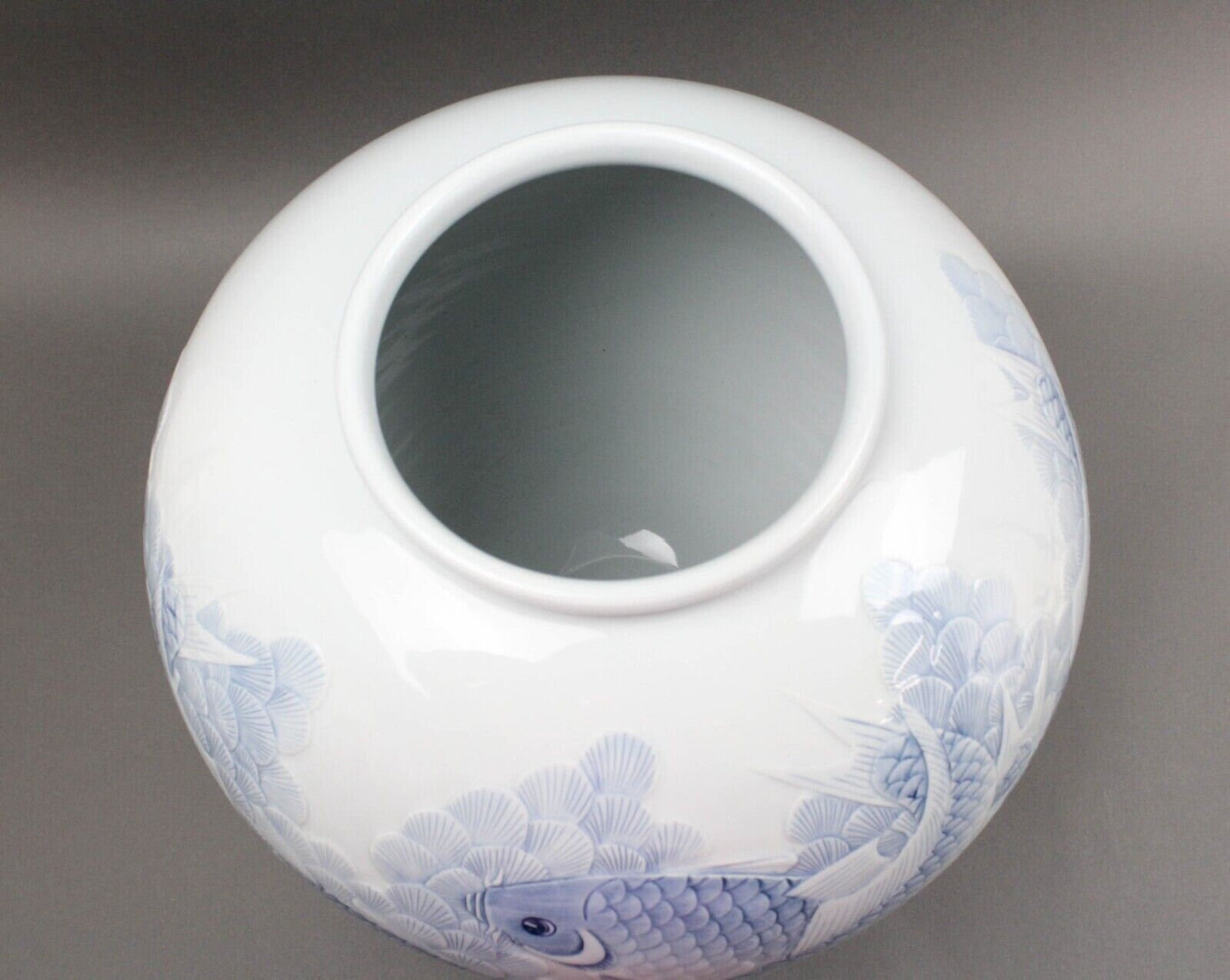 Huge Vintage Chinese Asian Koi Fish Celadon Porcelain Pottery Vase Moon Jar