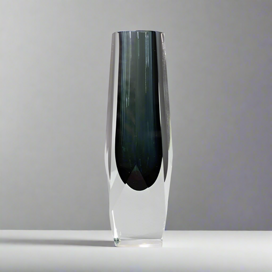 Mandruzzato Murano Italian Sommerso Smoke Gray Faceted Art Glass Vase 11" Tall