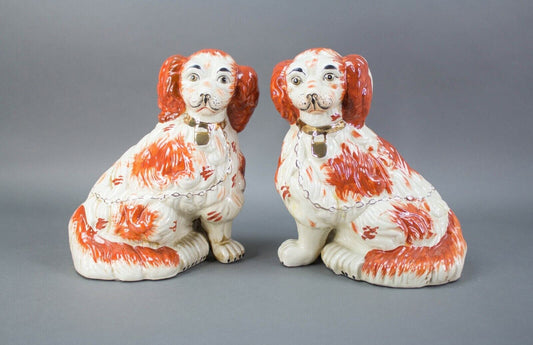 Pair Of Staffordshire Red & White Ceramic Mantle Spaniel Dogs Figurines