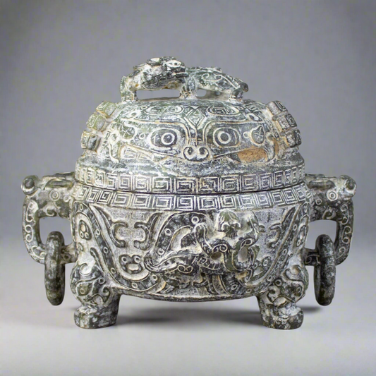 Chinese Hand Carved Soapstone Dragon Ritual Tripod Lidded Censer Incense Burner