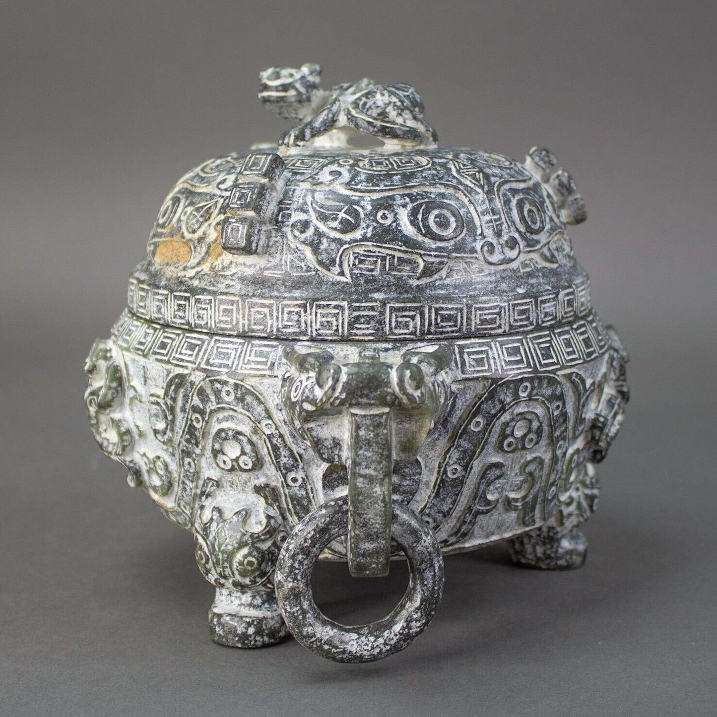 Chinese Hand Carved Soapstone Dragon Ritual Tripod Lidded Censer Incense Burner