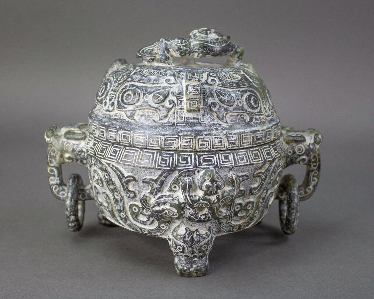 Chinese Hand Carved Soapstone Dragon Ritual Tripod Lidded Censer Incense Burner