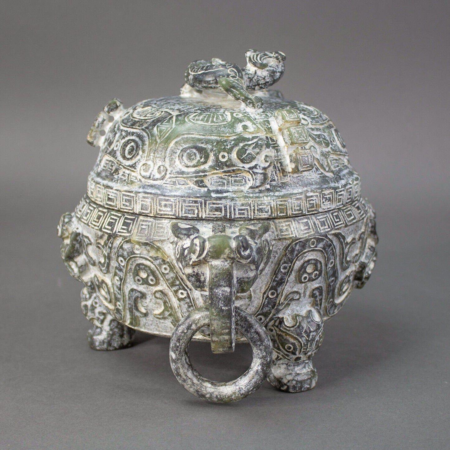 Chinese Hand Carved Soapstone Dragon Ritual Tripod Lidded Censer Incense Burner