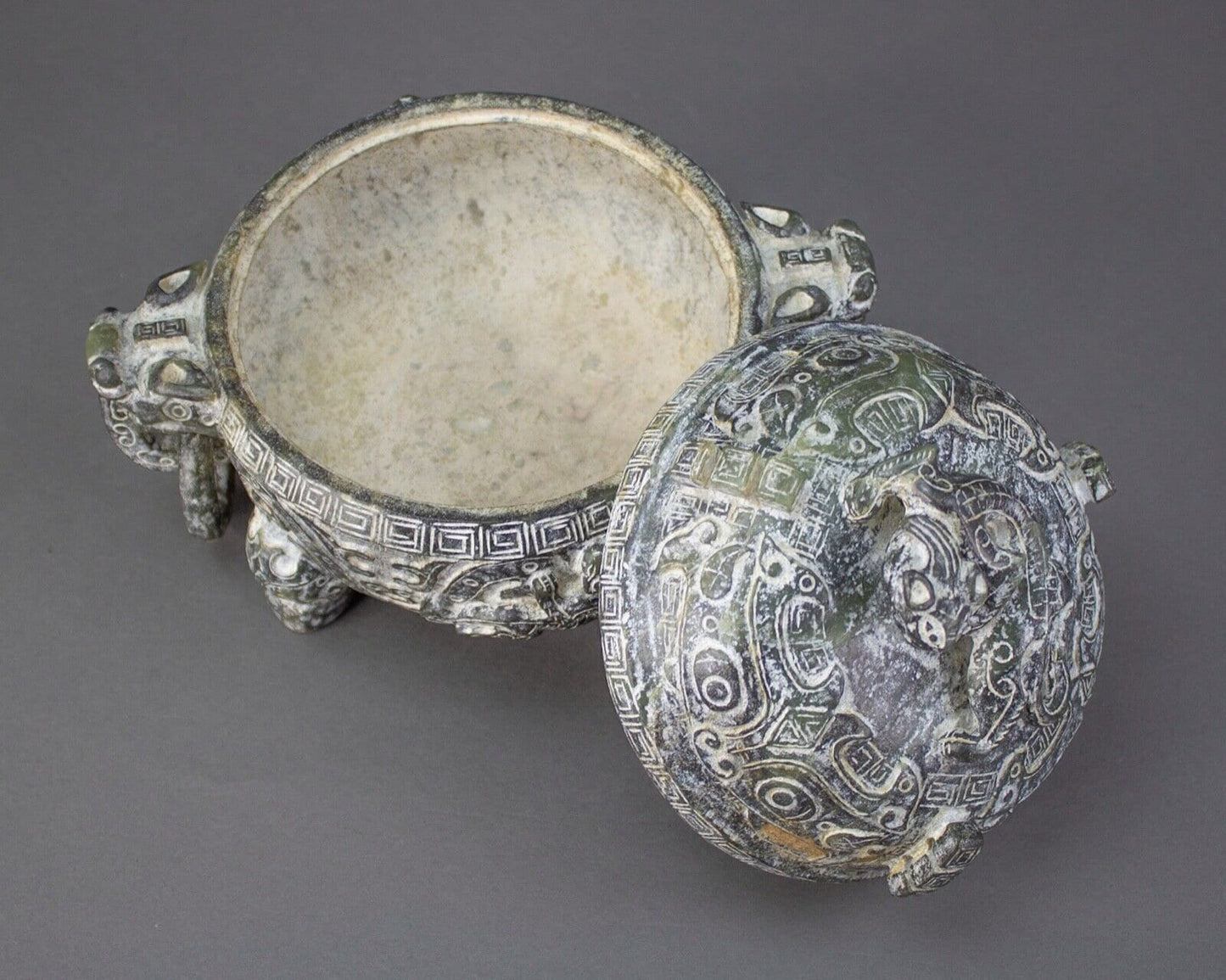 Chinese Hand Carved Soapstone Dragon Ritual Tripod Lidded Censer Incense Burner