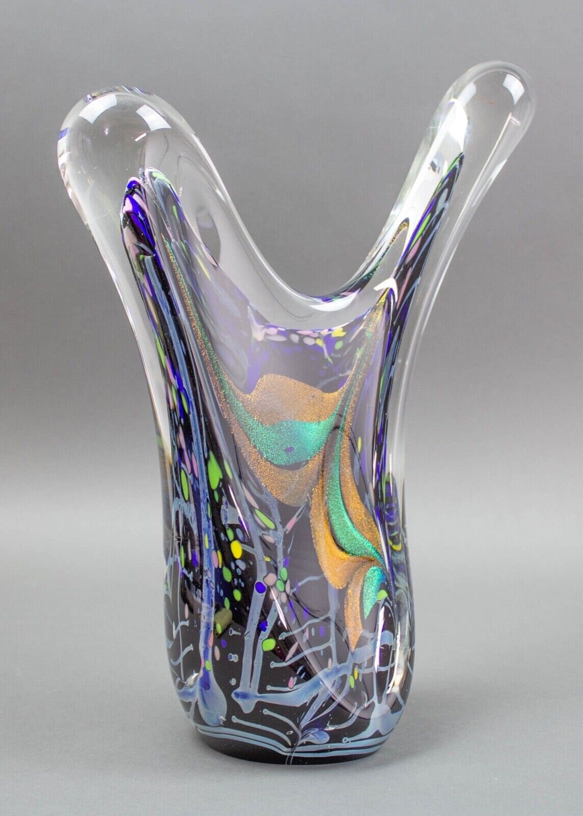 Rollin Karg 1999 Signed Dichroic Multi-Color Blown Art Glass Sculpture Large 15"