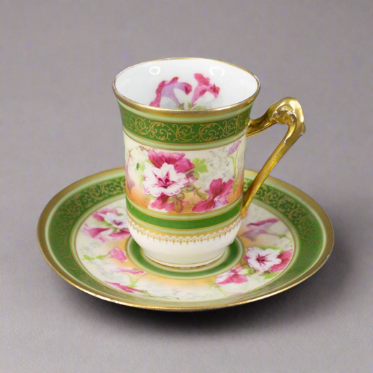 Coronet Limoges France Hand Painted Floral Gold Chocolate Tea Cup & Saucer