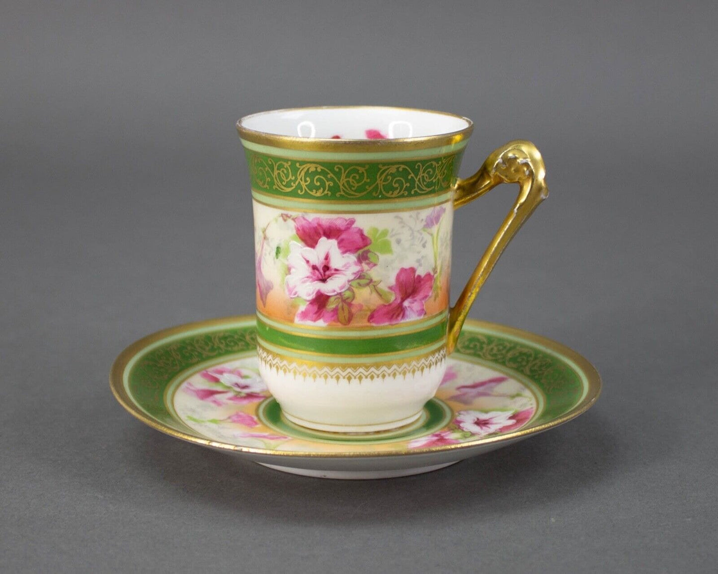 Coronet Limoges France Hand Painted Floral Gold Chocolate Tea Cup & Saucer