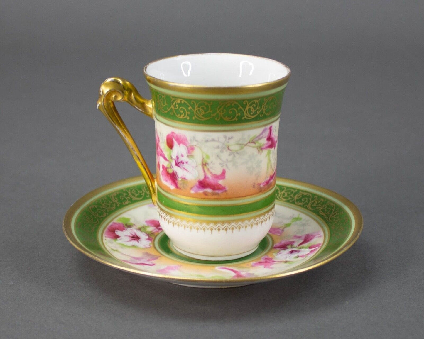 Coronet Limoges France Hand Painted Floral Gold Chocolate Tea Cup & Saucer