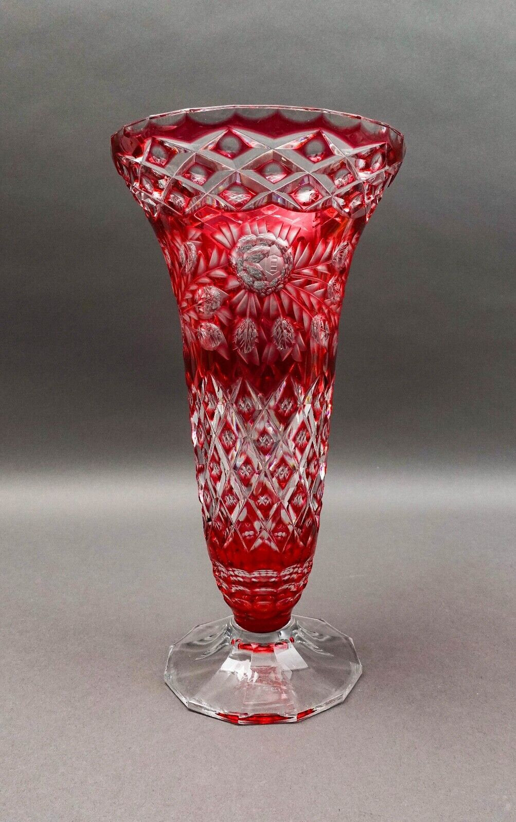 Bohemian Crystal Vintage Cranberry Red Cut To Clear Footed Art Glass Vase 13.75"