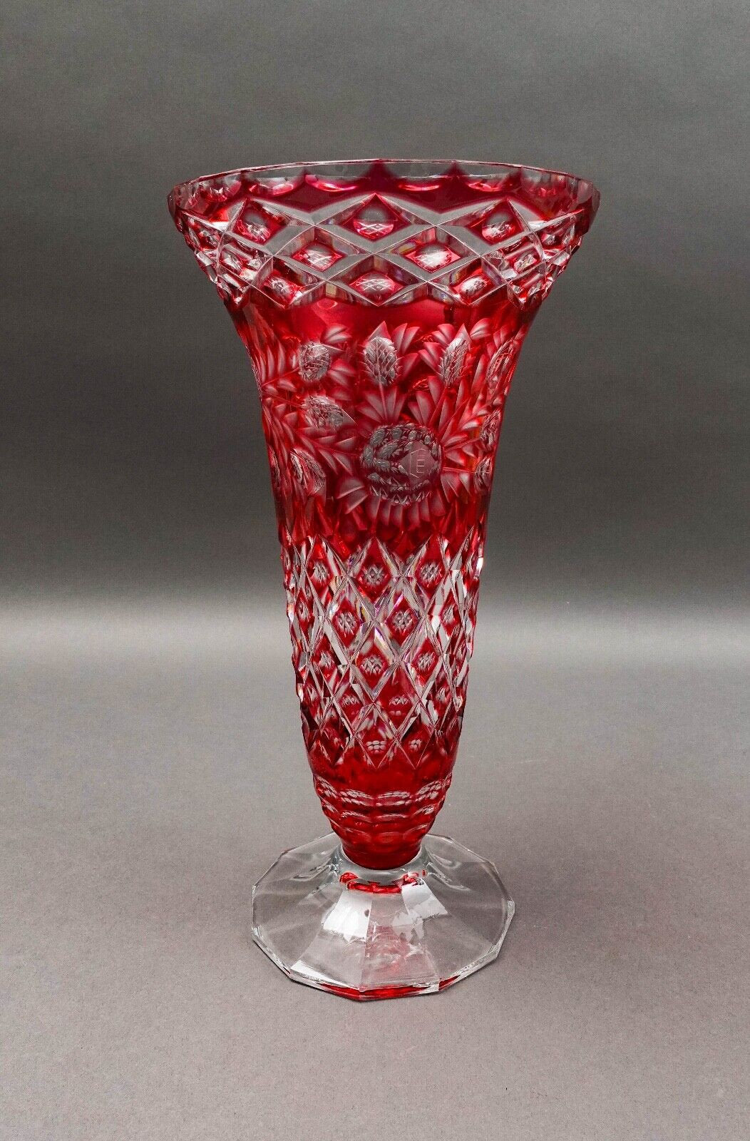 Bohemian Crystal Vintage Cranberry Red Cut To Clear Footed Art Glass Vase 13.75"