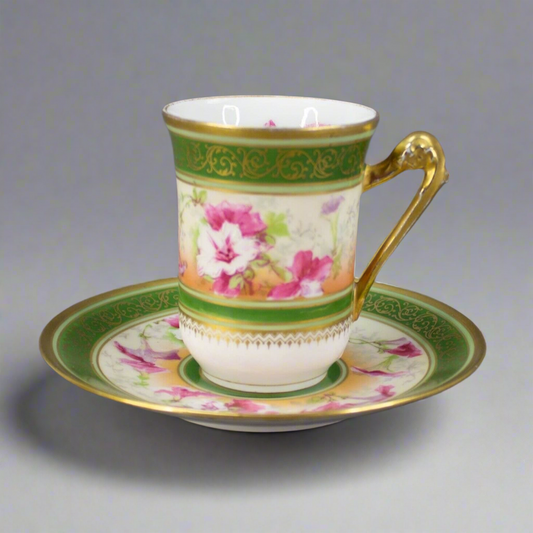 Coronet Limoges France Hand Painted Floral Gold Chocolate Tea Cup & Saucer