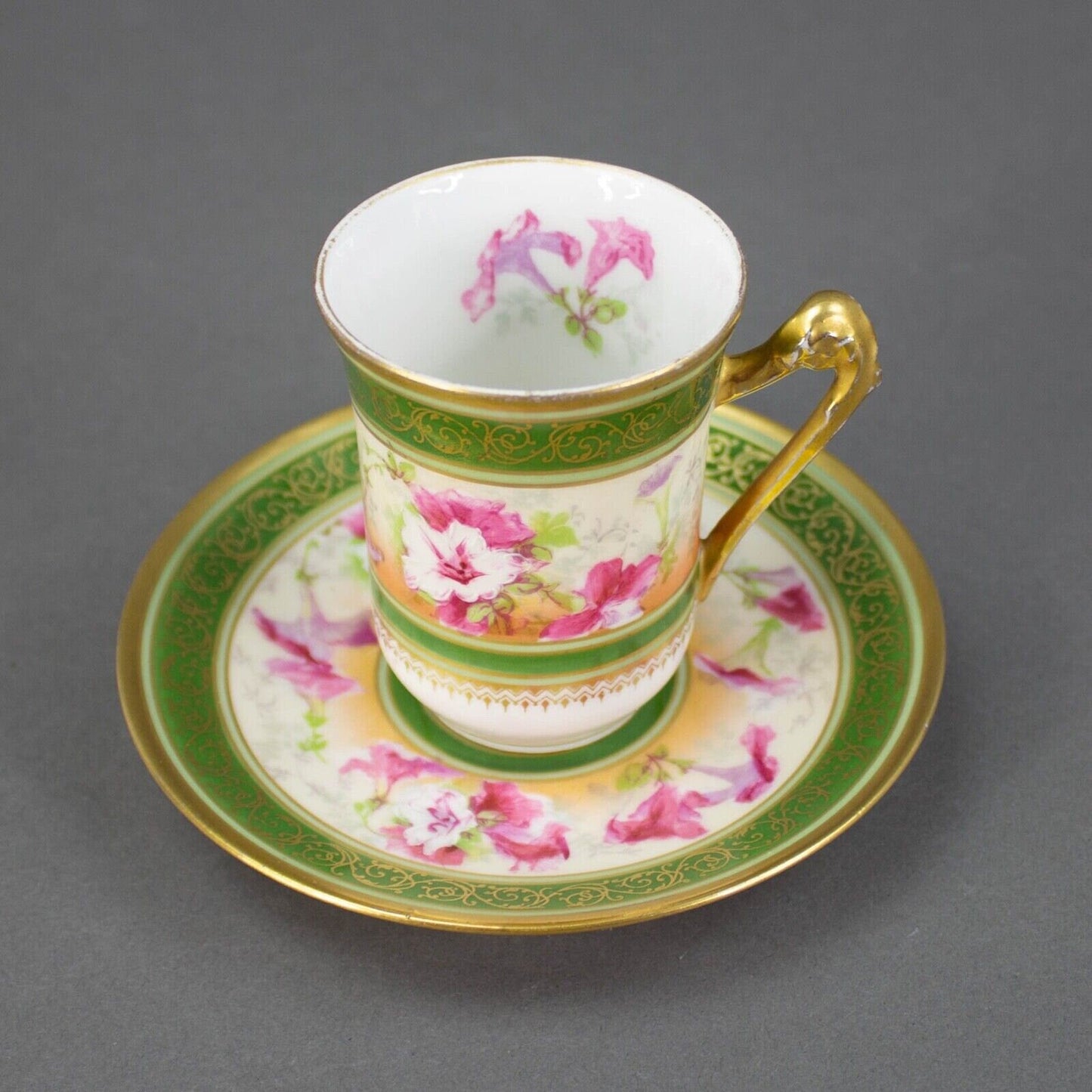 Coronet Limoges France Hand Painted Floral Gold Chocolate Tea Cup & Saucer