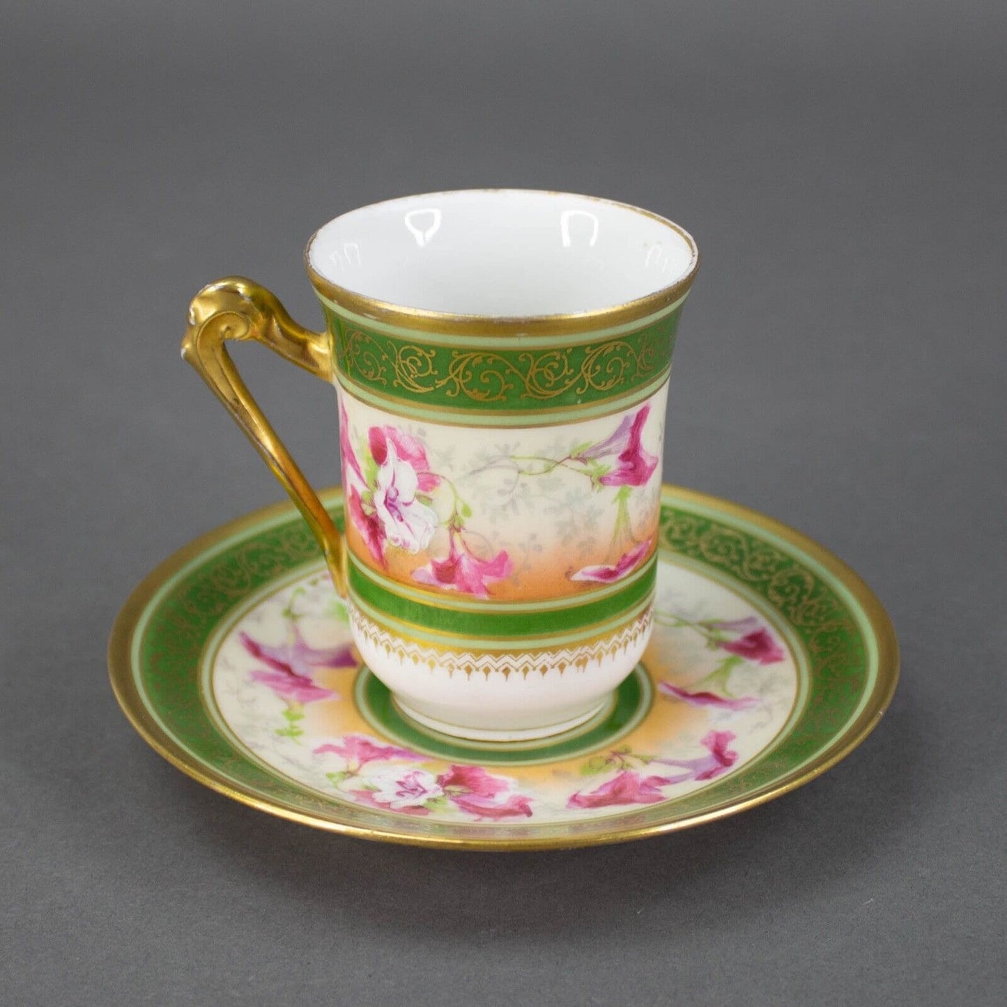 Coronet Limoges France Hand Painted Floral Gold Chocolate Tea Cup & Saucer