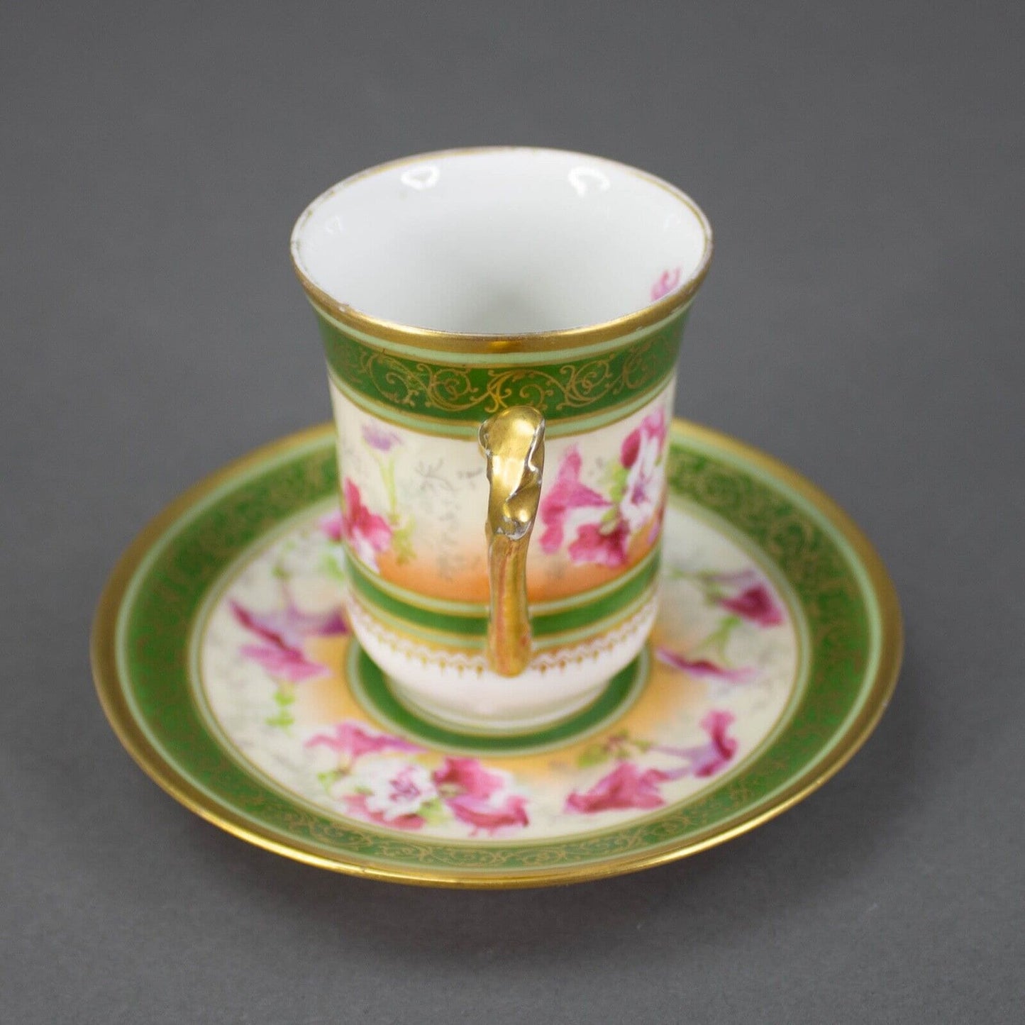Coronet Limoges France Hand Painted Floral Gold Chocolate Tea Cup & Saucer