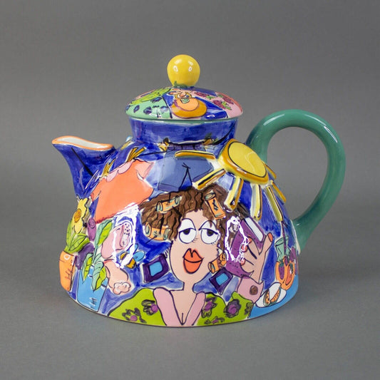 Fiona Collins Signed Hand Painted Colorful Ceramic Studio Art Pottery Teapot