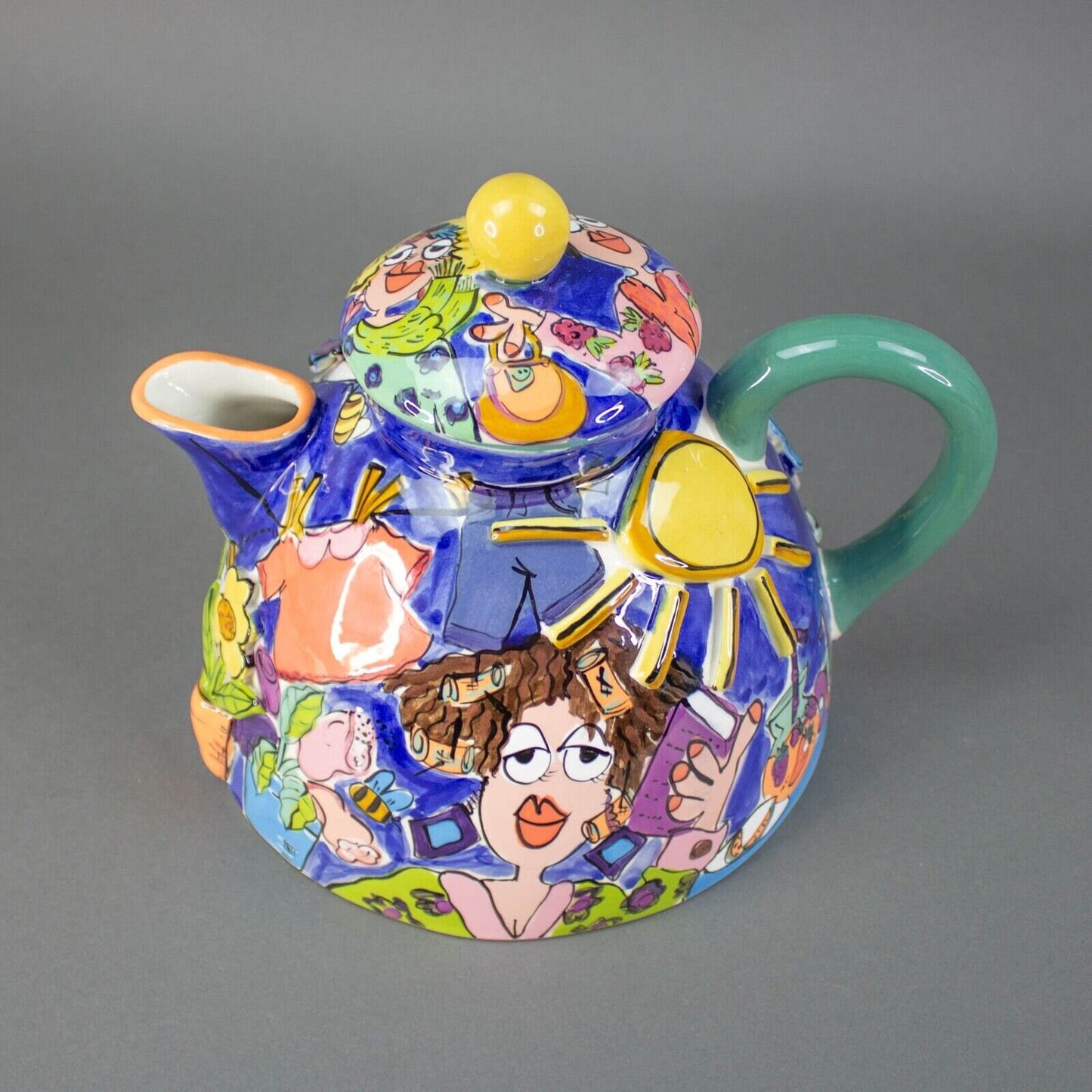 Fiona Collins Signed Hand Painted Colorful Ceramic Studio Art Pottery Teapot