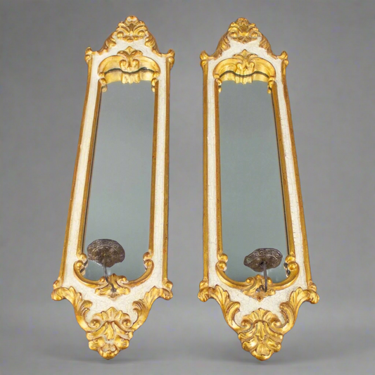 Dauphine Harrison & Gil Hand Carved Painted Gold Gilt Pair Of Sconce Mirrors