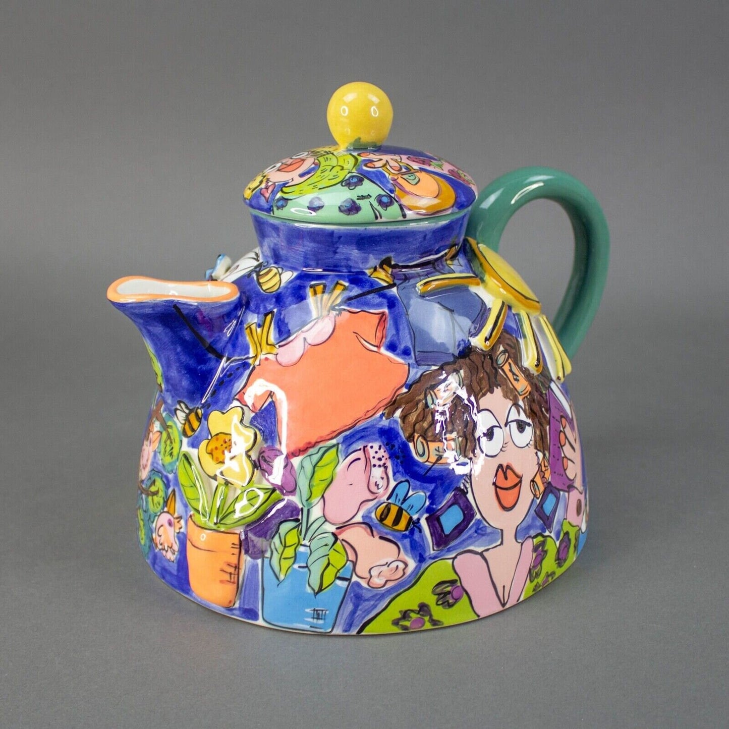 Fiona Collins Signed Hand Painted Colorful Ceramic Studio Art Pottery Teapot