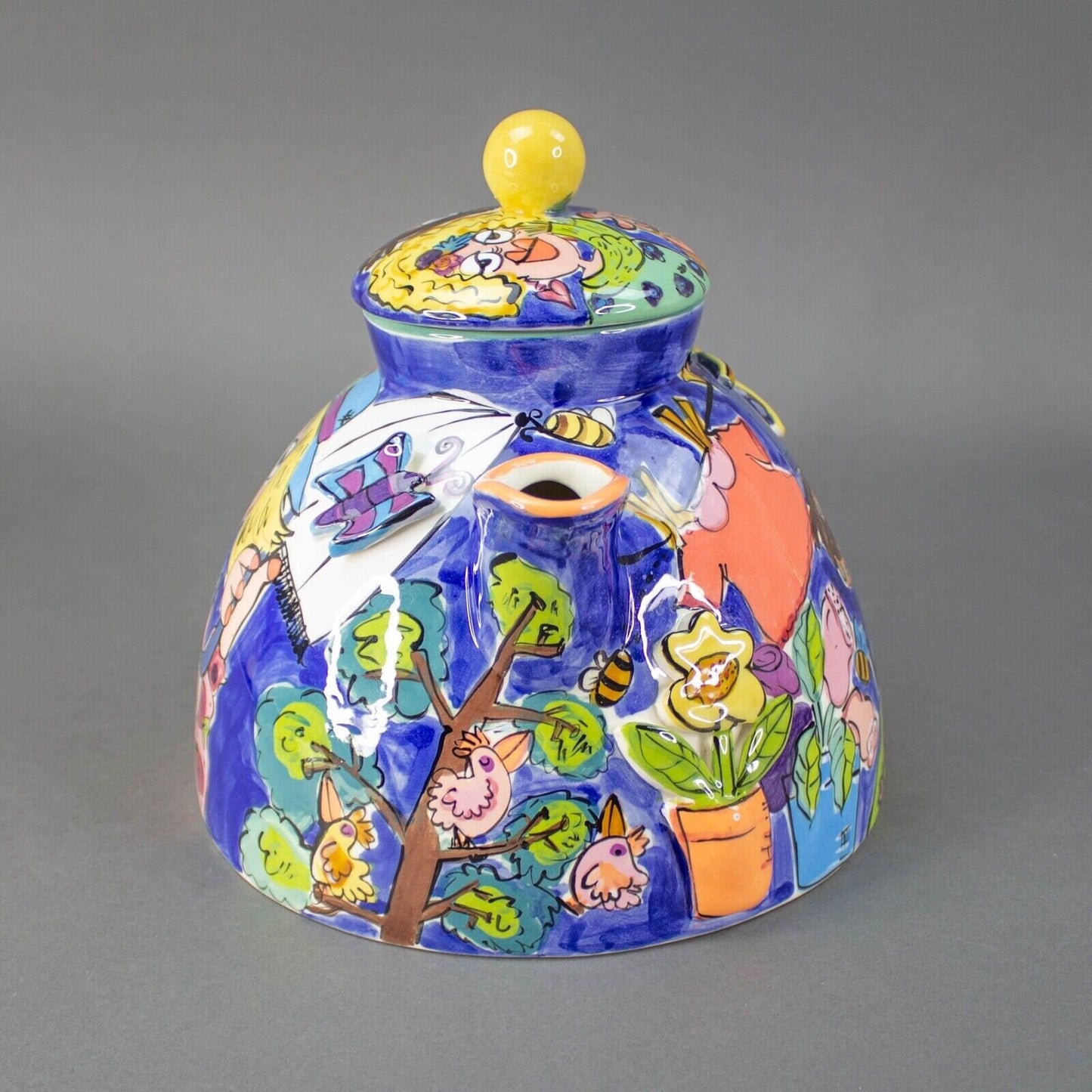 Fiona Collins Signed Hand Painted Colorful Ceramic Studio Art Pottery Teapot
