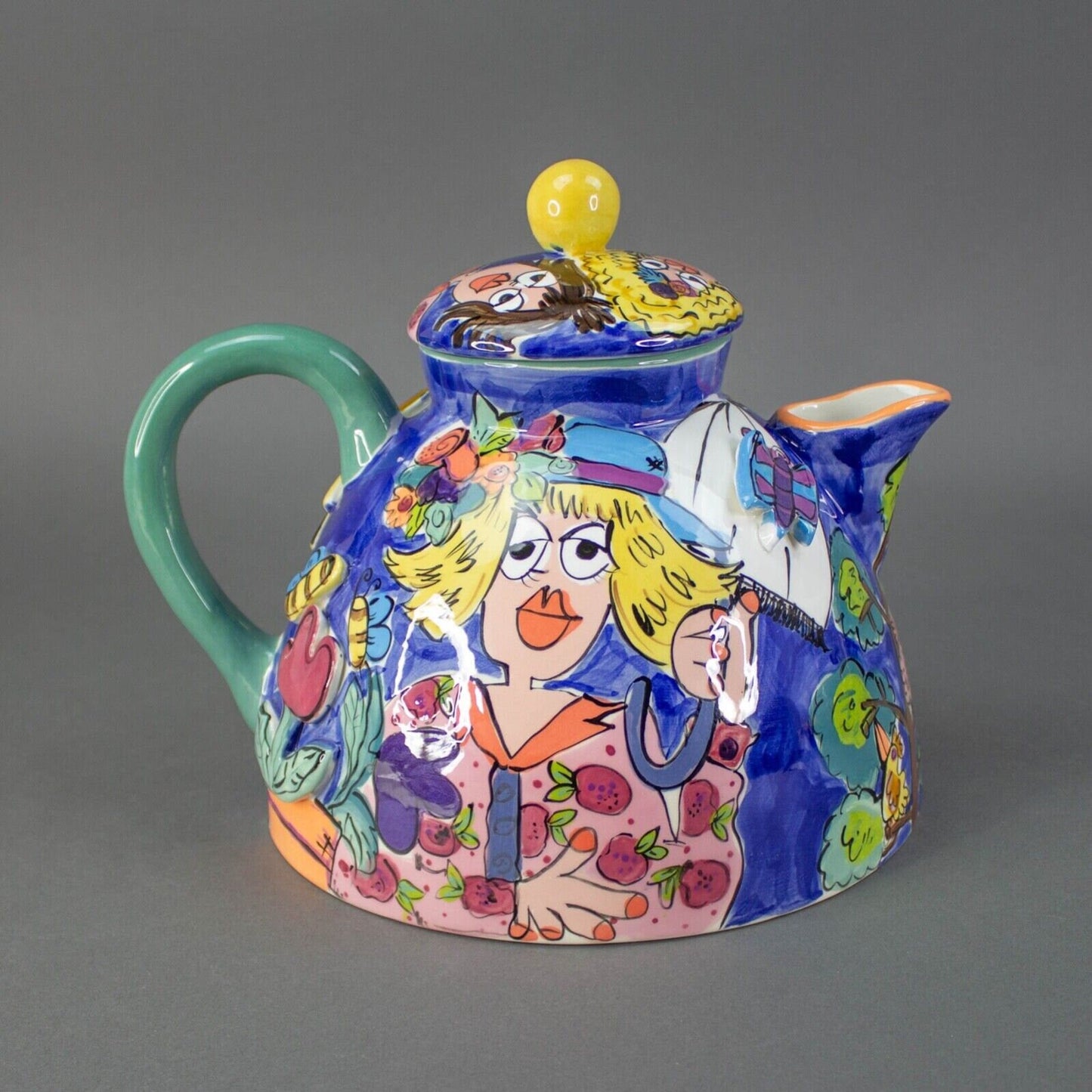Fiona Collins Signed Hand Painted Colorful Ceramic Studio Art Pottery Teapot