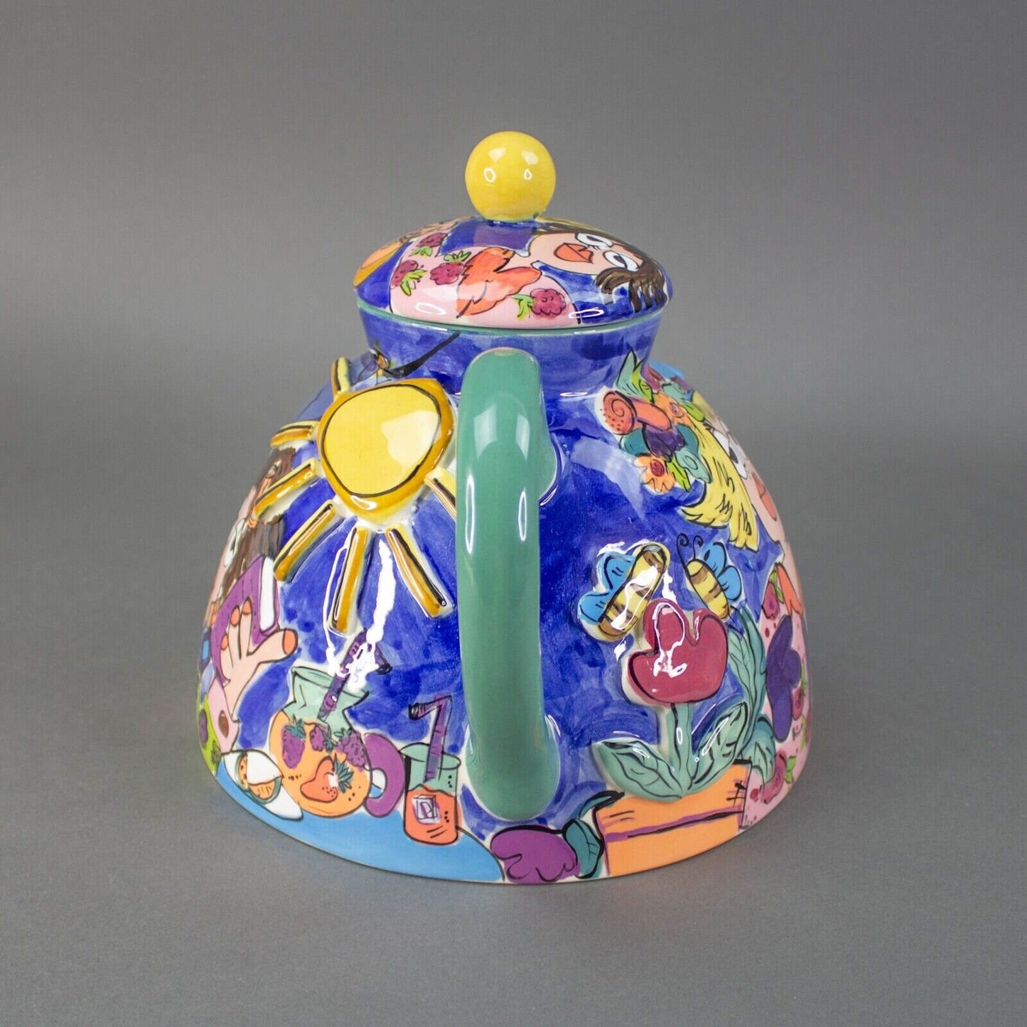 Fiona Collins Signed Hand Painted Colorful Ceramic Studio Art Pottery Teapot