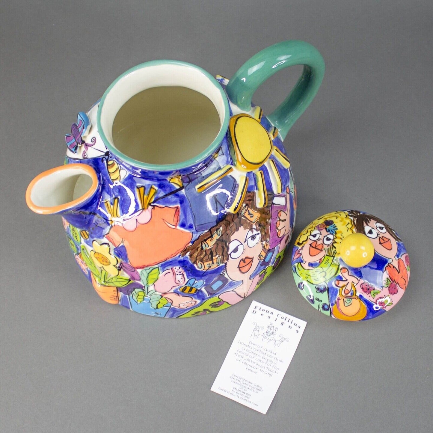 Fiona Collins Signed Hand Painted Colorful Ceramic Studio Art Pottery Teapot