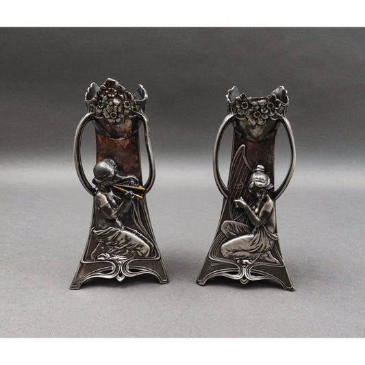WMF Germany Pair Of Art Nouveau Silver Plated Girl With Harp Flute Vase (Read)