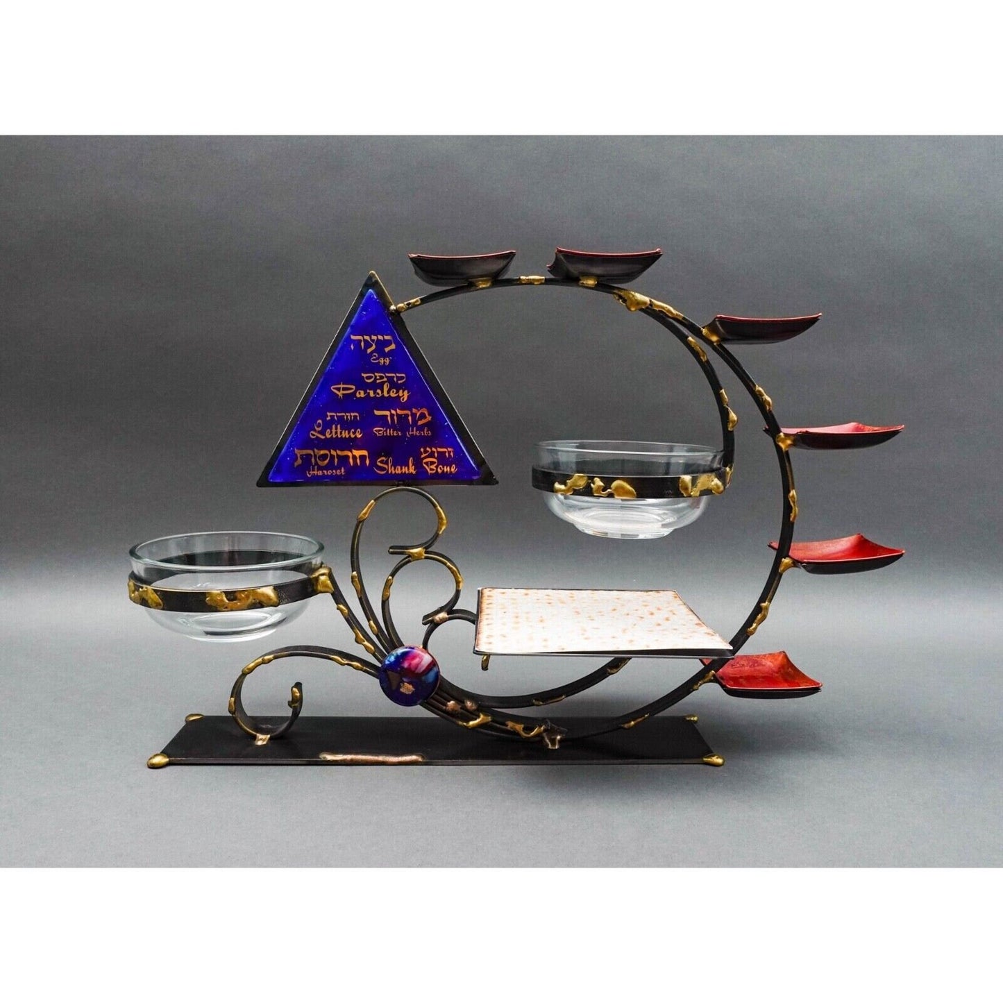 Gary Rosenthal Mixed Metal Fused Glass Judaica Hanukkah Seder Plate Sculpture