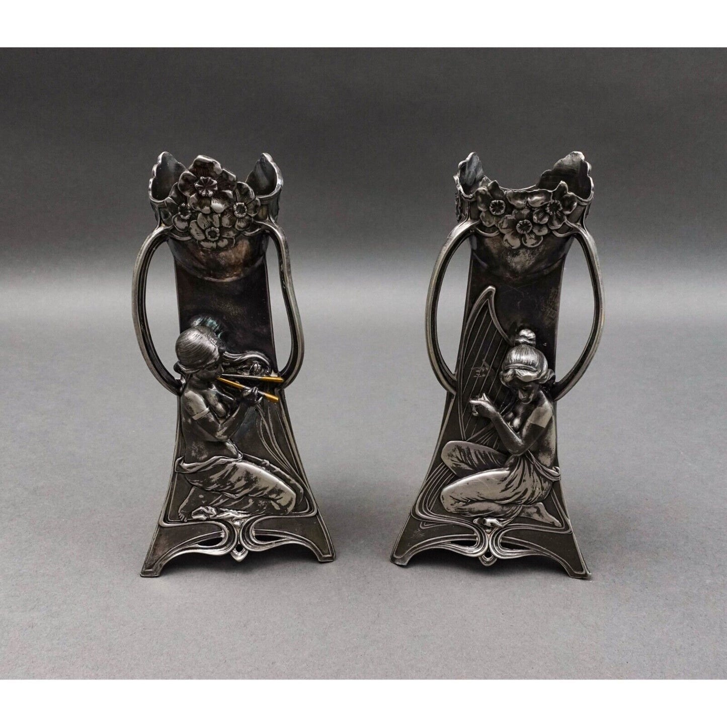WMF Germany Pair Of Art Nouveau Silver Plated Girl With Harp Flute Vase (Read)