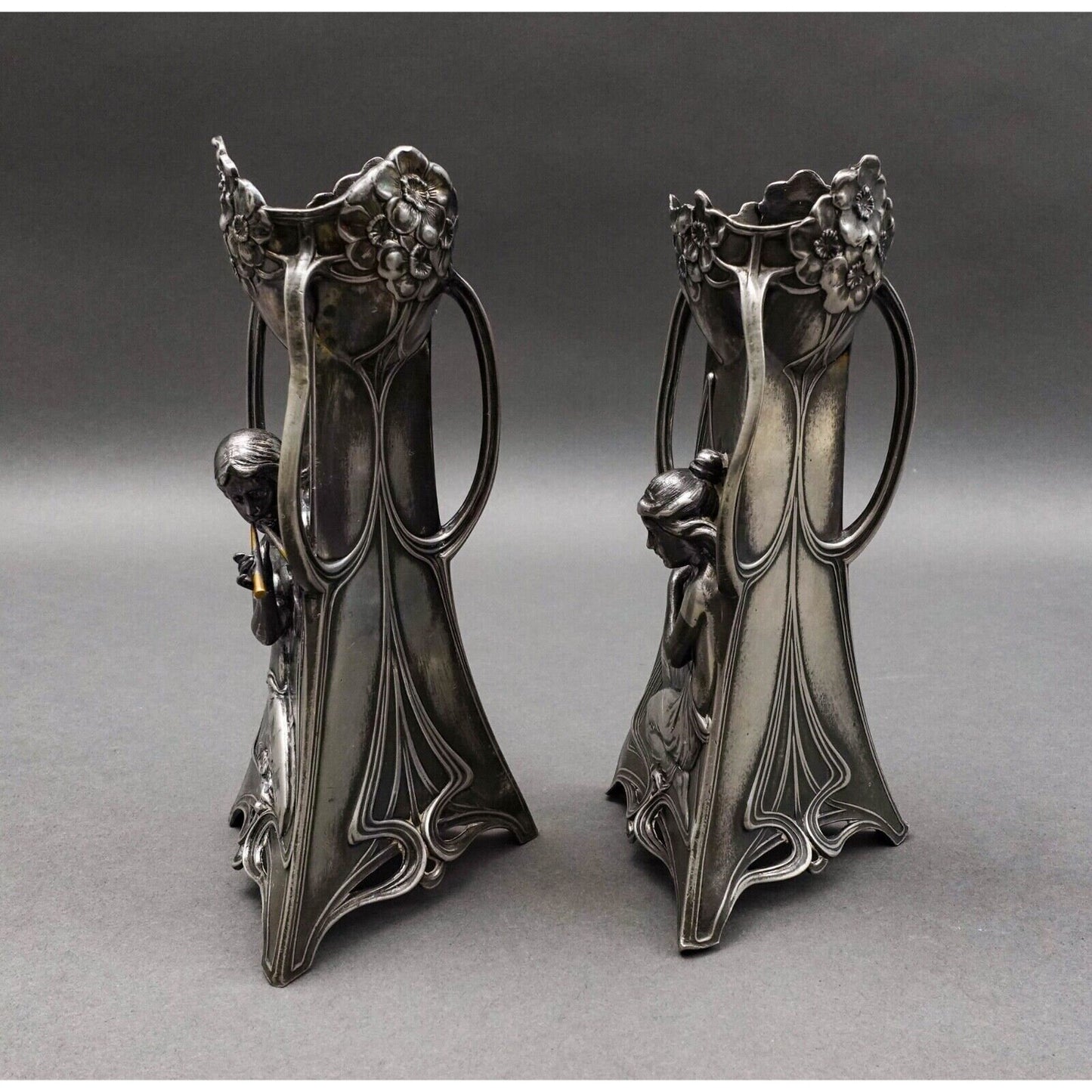 WMF Germany Pair Of Art Nouveau Silver Plated Girl With Harp Flute Vase (Read)