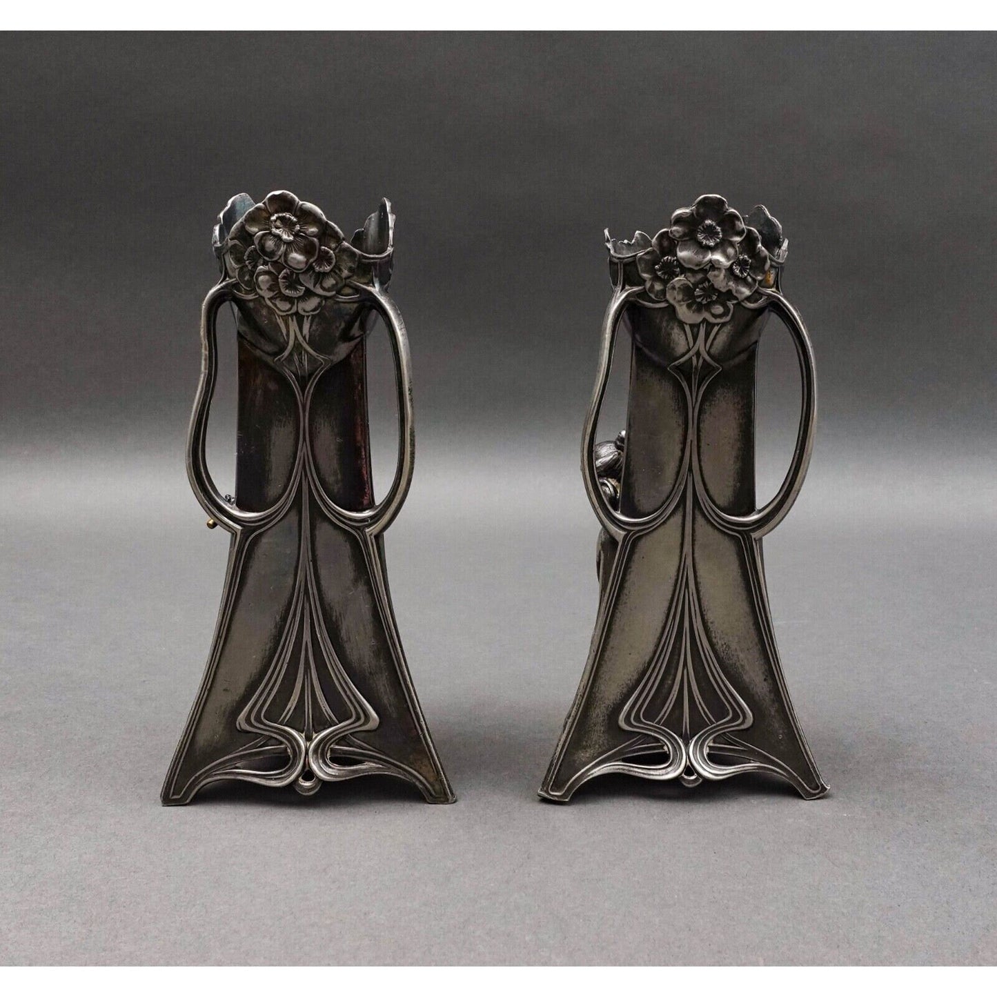 WMF Germany Pair Of Art Nouveau Silver Plated Girl With Harp Flute Vase (Read)