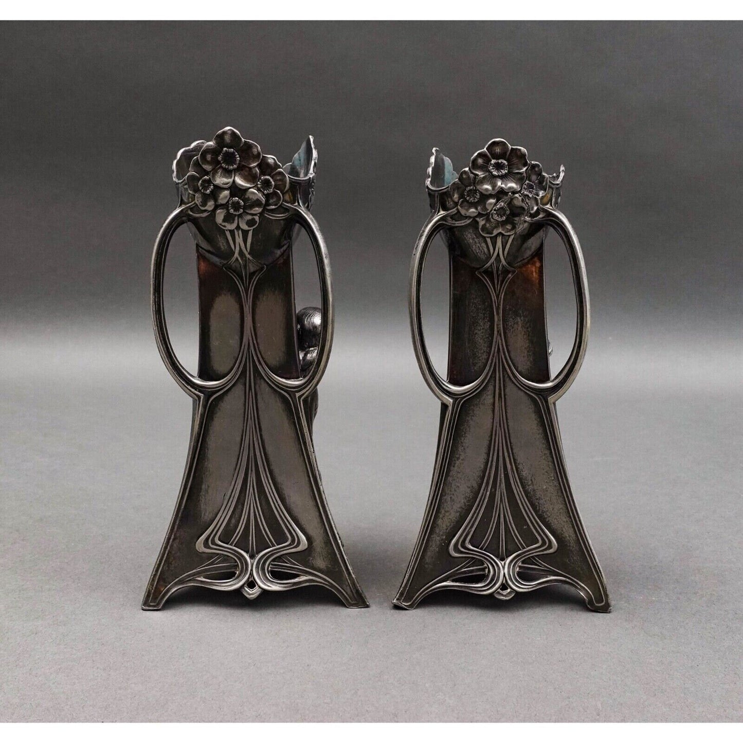 WMF Germany Pair Of Art Nouveau Silver Plated Girl With Harp Flute Vase (Read)