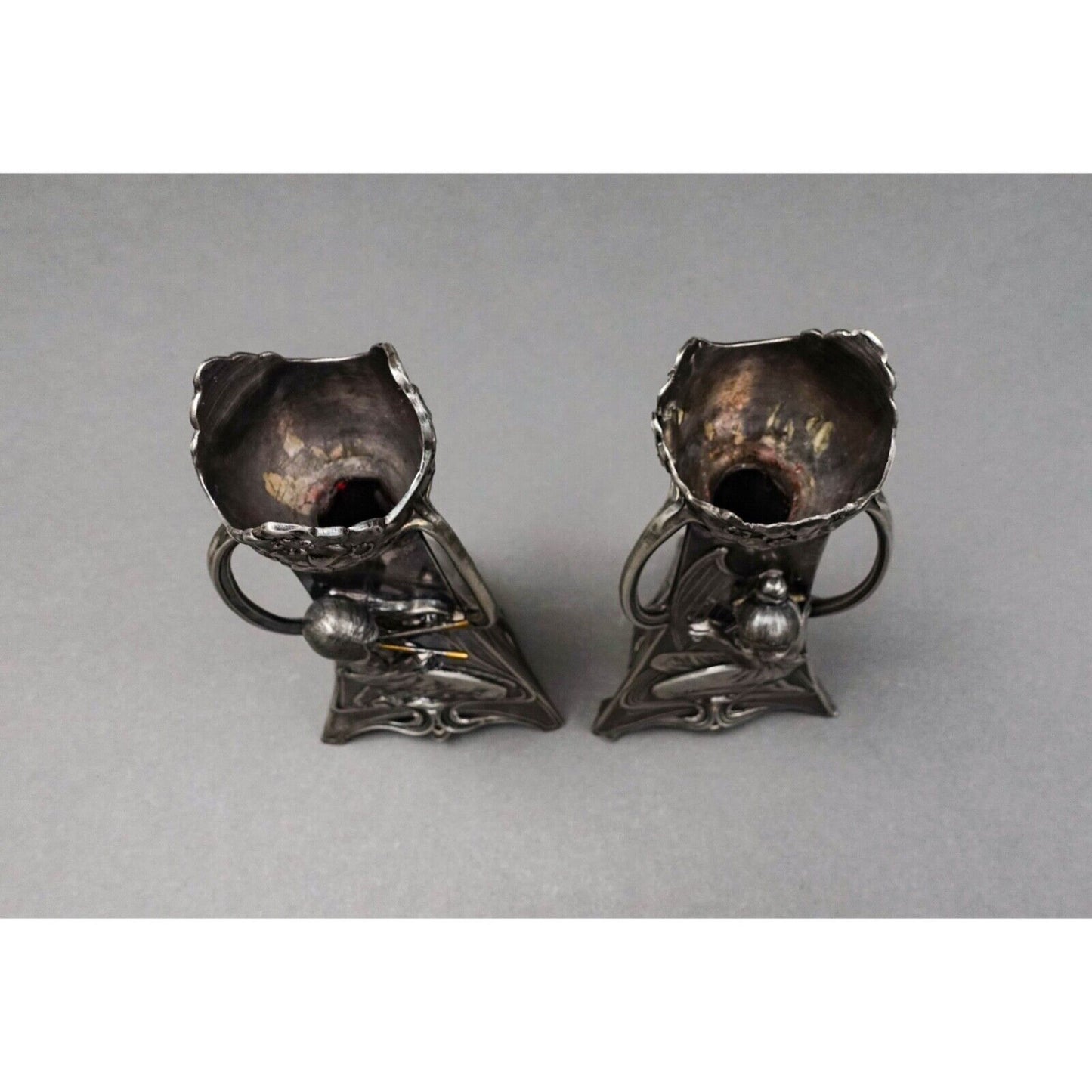 WMF Germany Pair Of Art Nouveau Silver Plated Girl With Harp Flute Vase (Read)