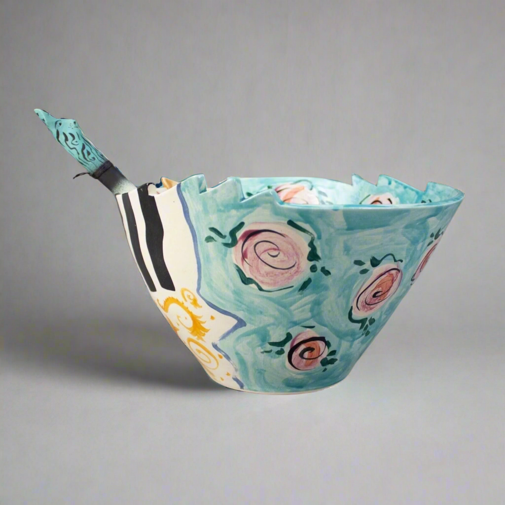 Caroline 1996 Signed Hand Painted Studio Art Pottery Large 11.75" Bowl & Spoon