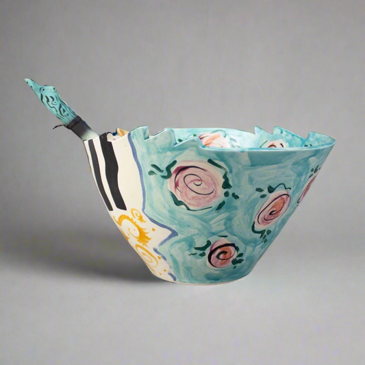 Caroline 1996 Signed Hand Painted Studio Art Pottery Large 11.75" Bowl & Spoon