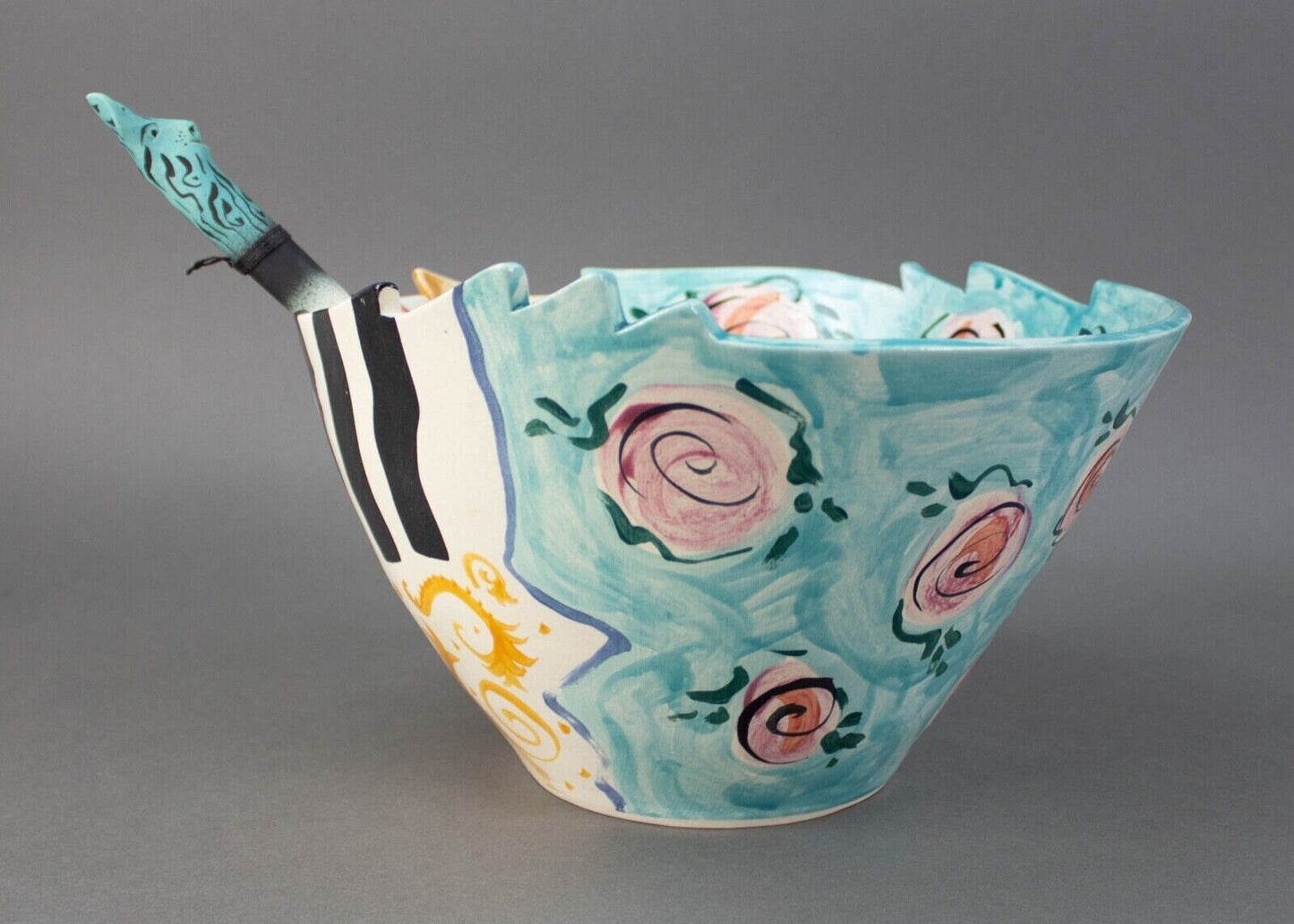 Caroline 1996 Signed Hand Painted Studio Art Pottery Large 11.75" Bowl & Spoon