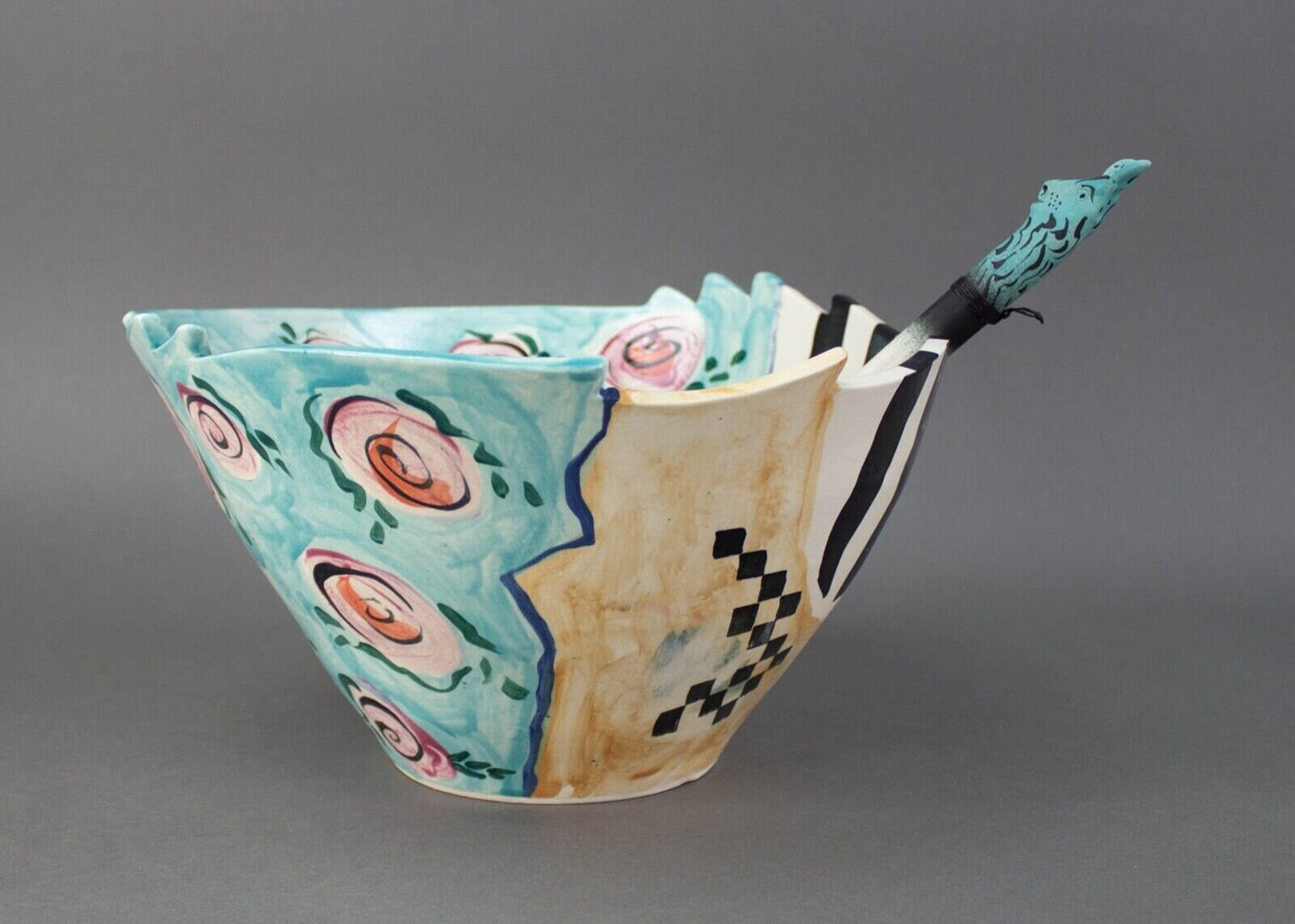 Caroline 1996 Signed Hand Painted Studio Art Pottery Large 11.75" Bowl & Spoon