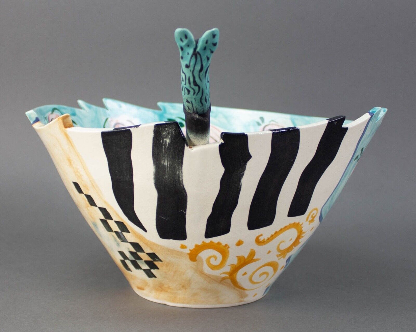 Caroline 1996 Signed Hand Painted Studio Art Pottery Large 11.75" Bowl & Spoon