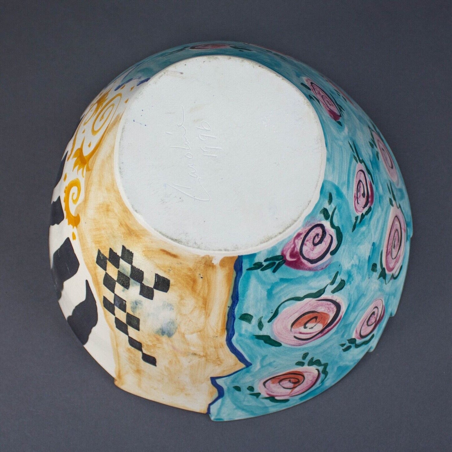 Caroline 1996 Signed Hand Painted Studio Art Pottery Large 11.75" Bowl & Spoon