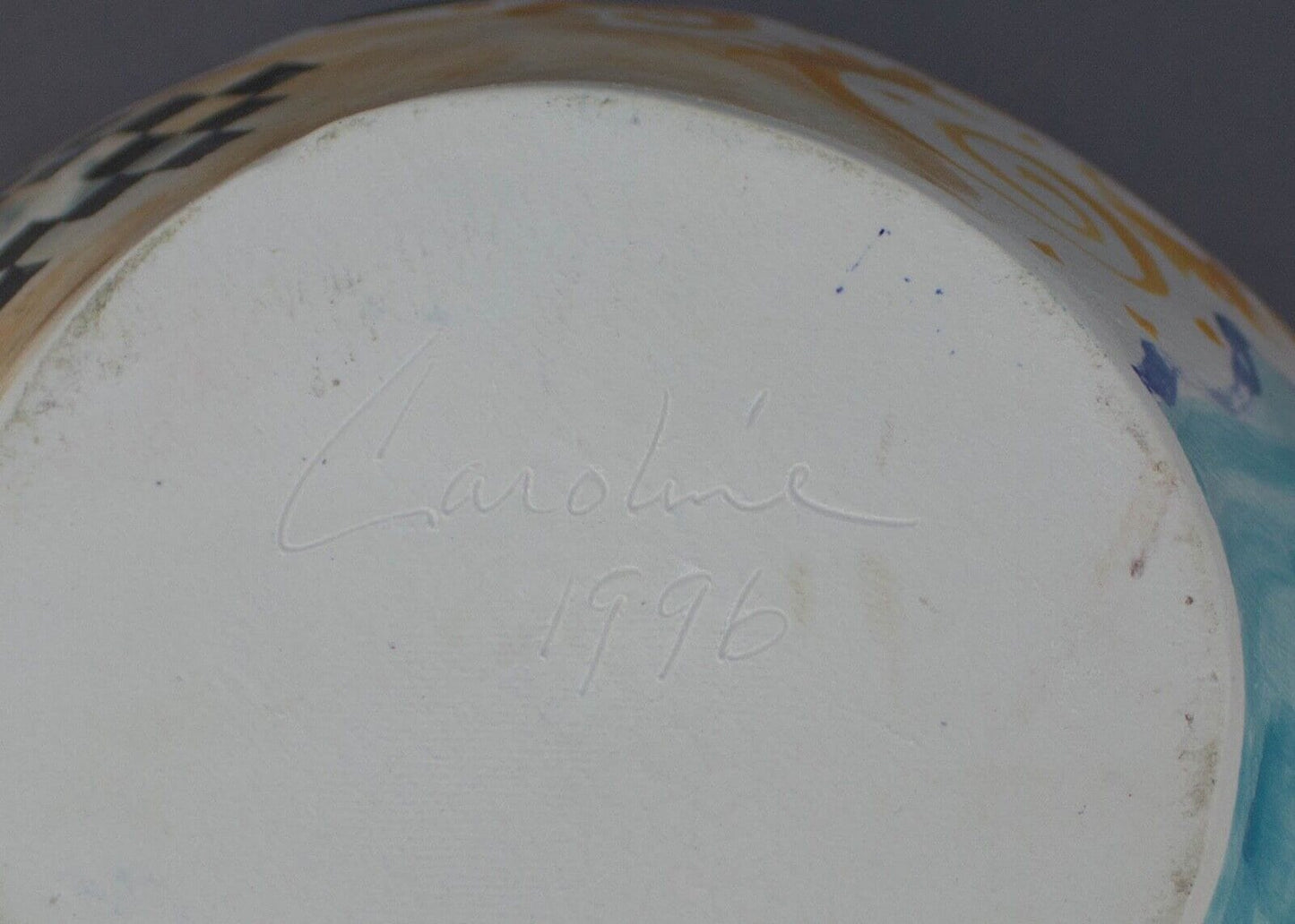 Caroline 1996 Signed Hand Painted Studio Art Pottery Large 11.75" Bowl & Spoon