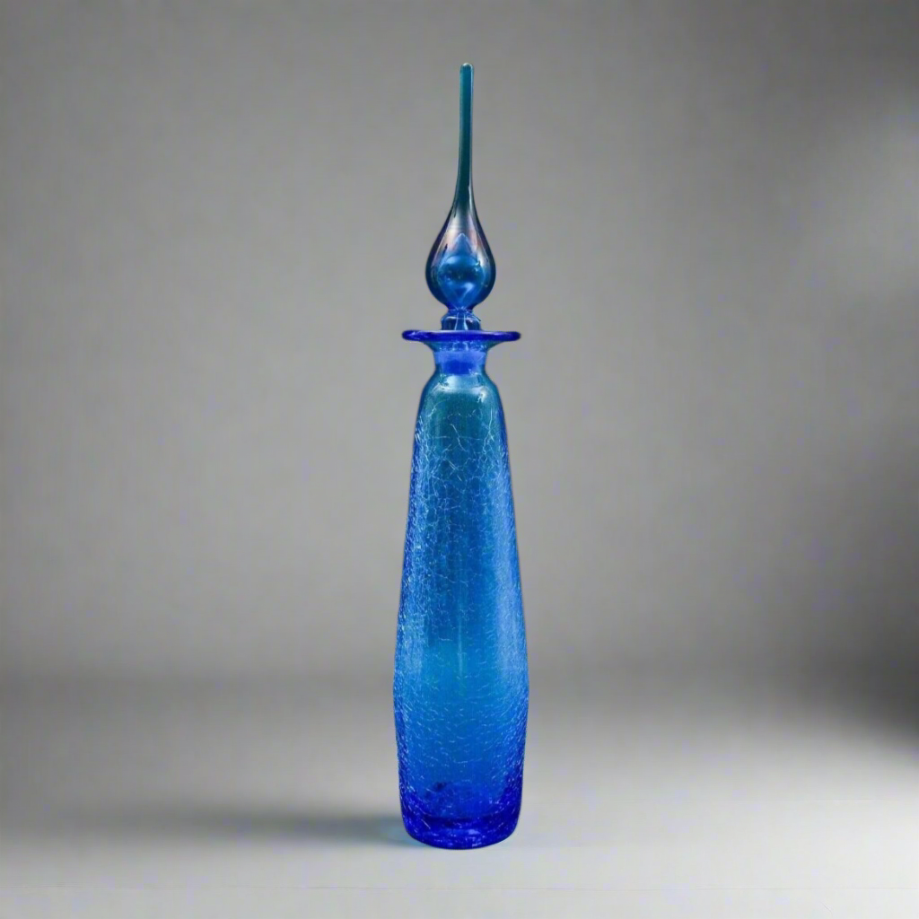 Rainbow MCM #9701 Blue Art Glass Crackle Long John Decanter Genie Bottle 20 1/2"
