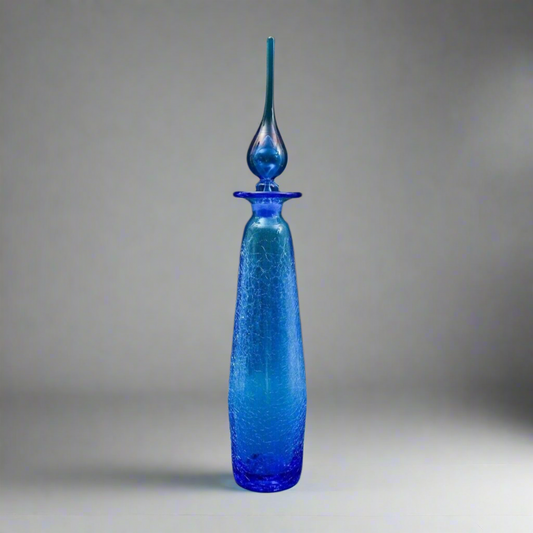 Rainbow MCM #9701 Blue Art Glass Crackle Long John Decanter Genie Bottle 20 1/2"