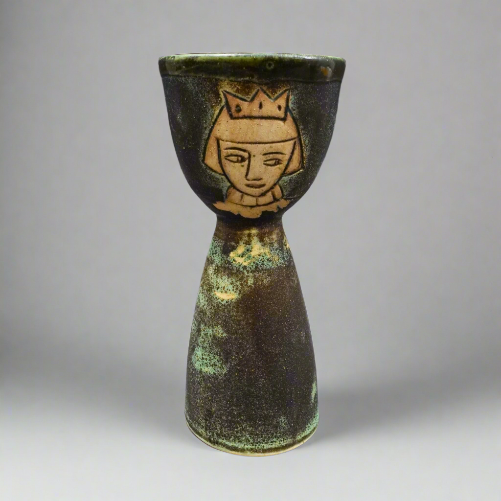Pirjo Nylander Finland Signed Green Figural King Studio Pottery Chalice Goblet