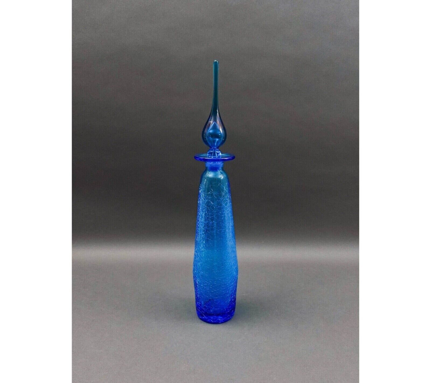 Rainbow MCM #9701 Blue Art Glass Crackle Long John Decanter Genie Bottle 20 1/2"