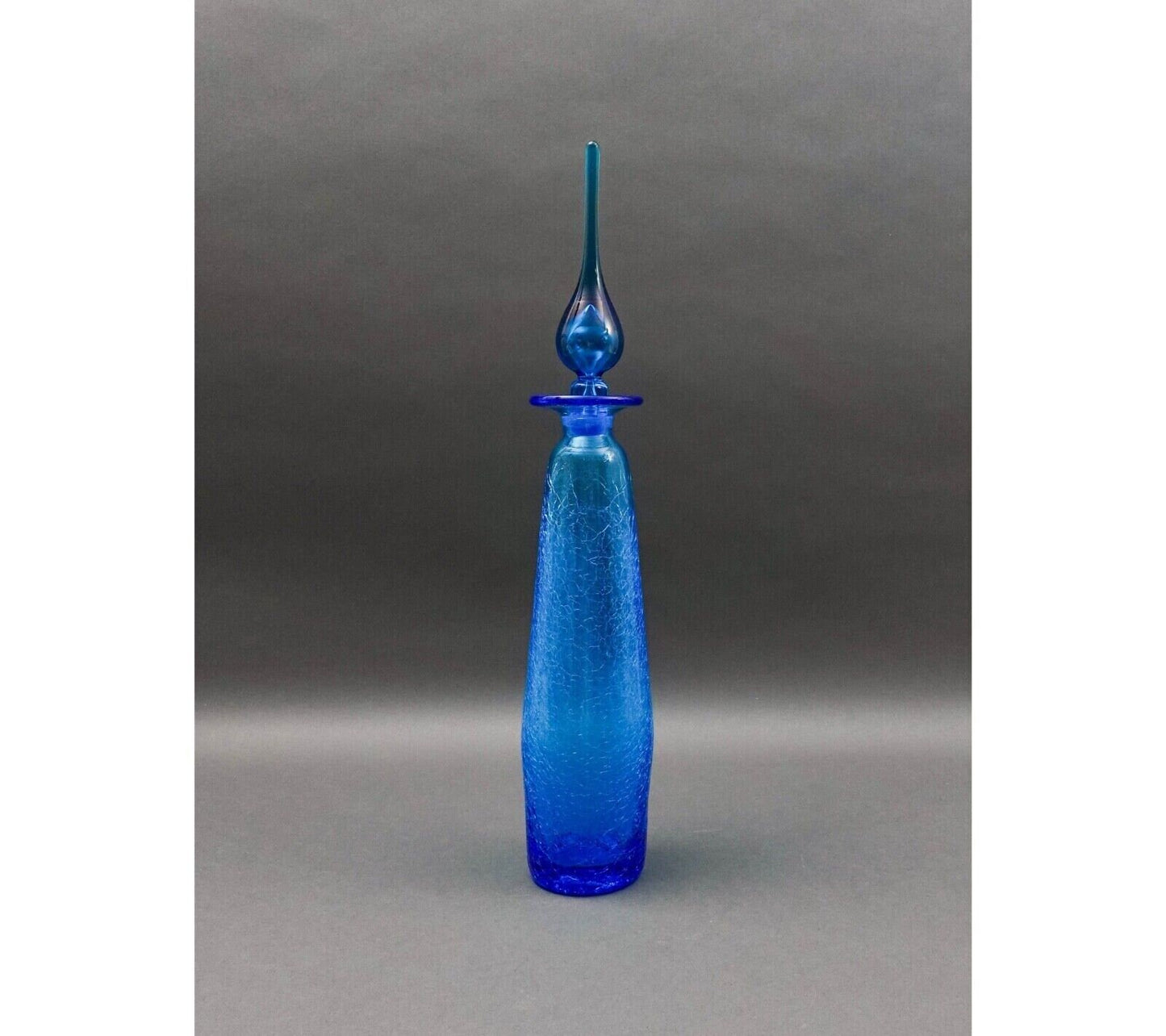 Rainbow MCM #9701 Blue Art Glass Crackle Long John Decanter Genie Bottle 20 1/2"