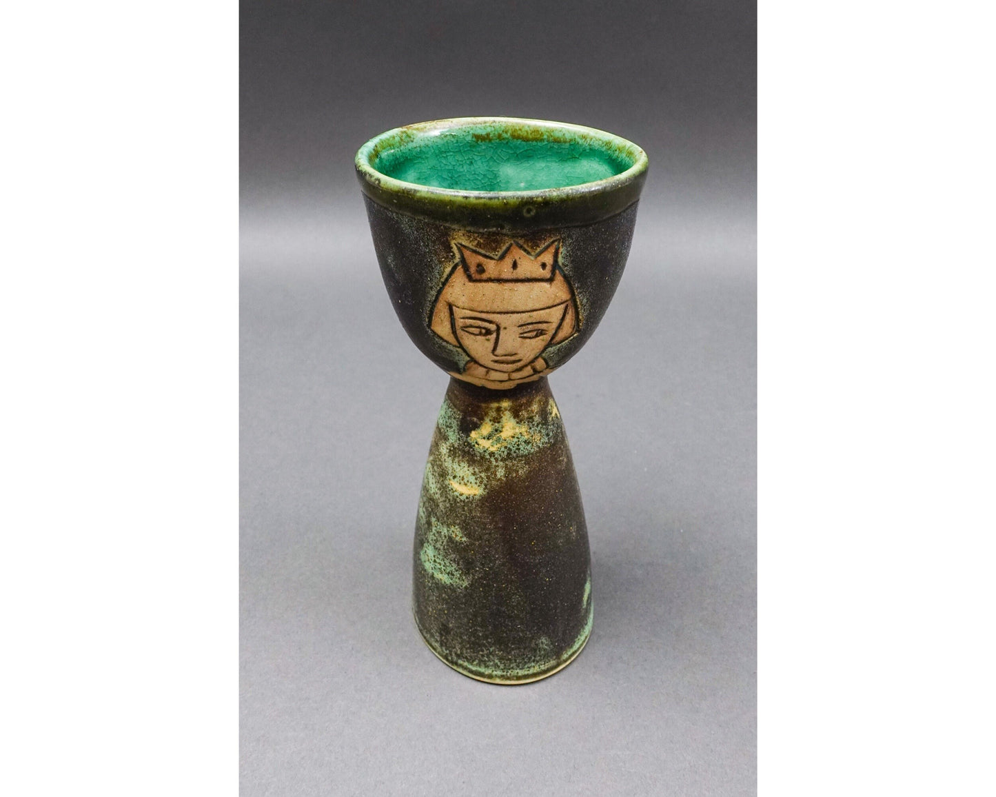 Pirjo Nylander Finland Signed Green Figural King Studio Pottery Chalice Goblet