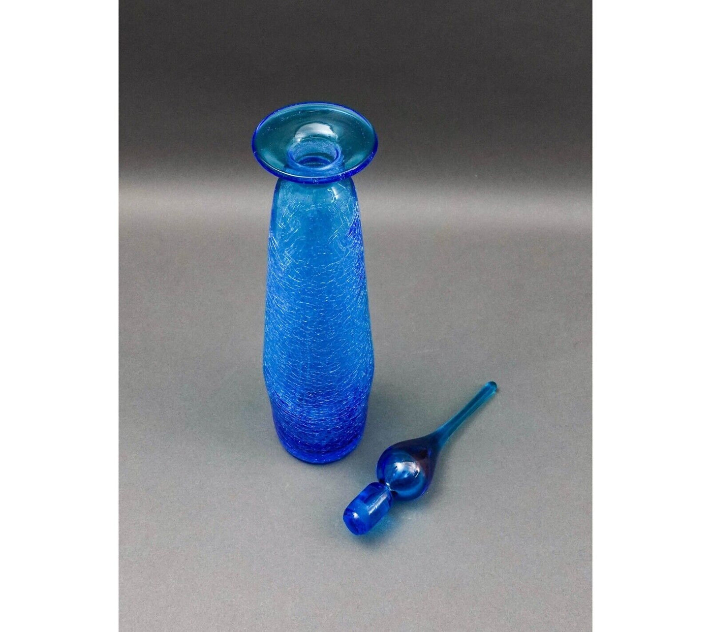 Rainbow MCM #9701 Blue Art Glass Crackle Long John Decanter Genie Bottle 20 1/2"