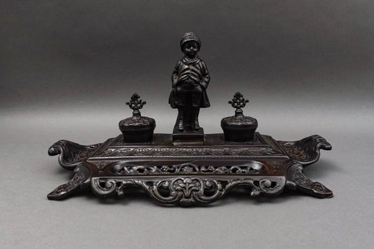 Maitland Smith Vintage Ornate Heavy Cast Bronze Desk Double Ink Well With Child